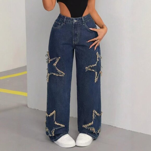 Blue suede mid-length star-pattern wide-leg jeans - Picture 1 of 5